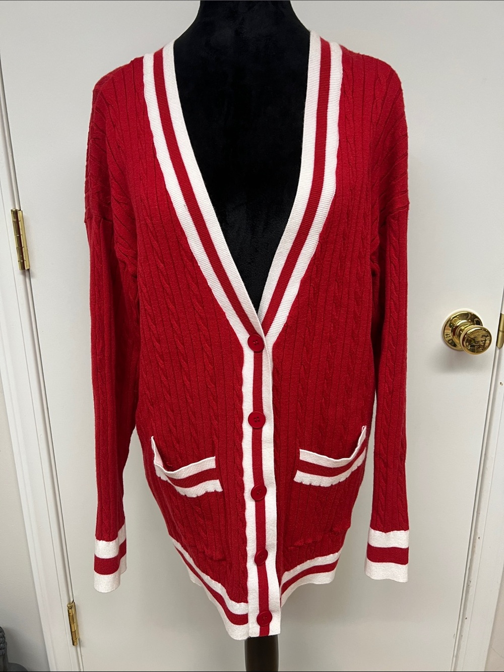 Classic Red V-Neck Cardigan with White Trim